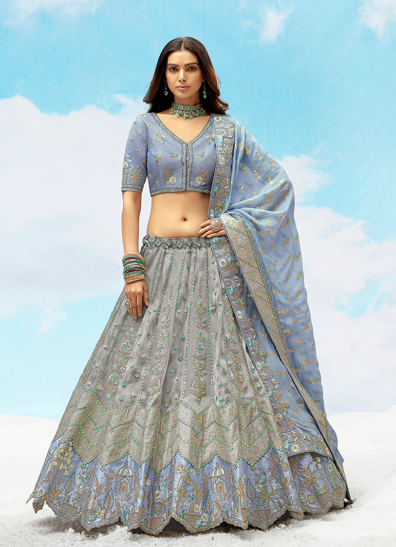 Monjolika Fashion Grey & Light Blue Silk Heavy Embroidered Wedding Lehenga Choli - Distacart
