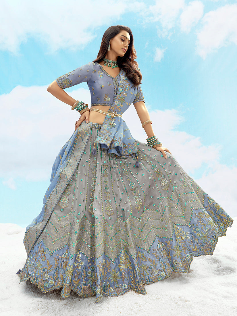 Monjolika Fashion Grey & Light Blue Silk Heavy Embroidered Wedding Lehenga Choli