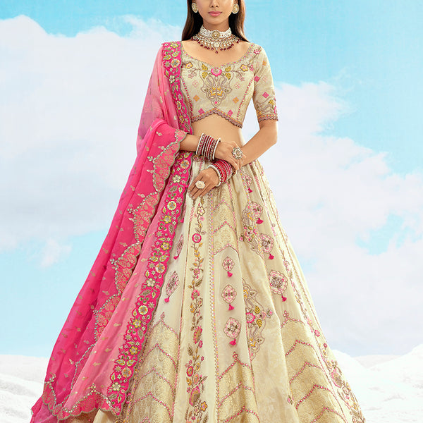 Monjolika Fashion Cream & Pink Silk Wedding Lehenga Choli with Embroidery & Stone Work - Distacart