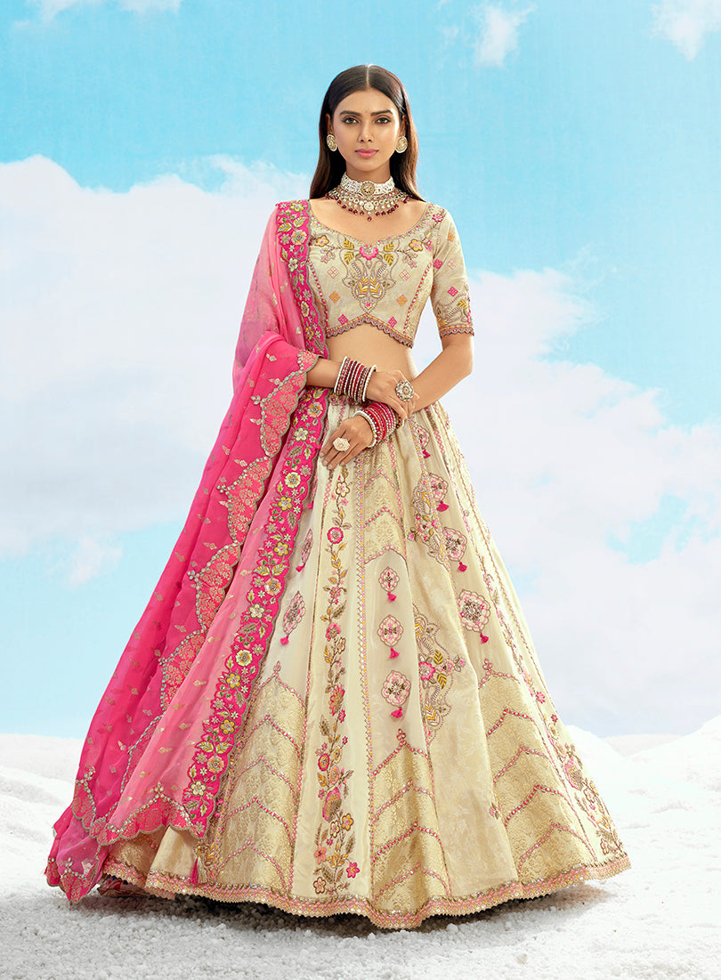 Monjolika Fashion Cream & Pink Silk Wedding Lehenga Choli with Embroidery & Stone Work - Distacart