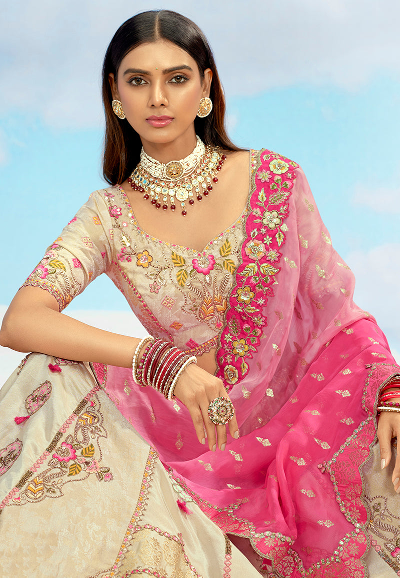 Monjolika Fashion Cream & Pink Silk Wedding Lehenga Choli with Embroidery & Stone Work