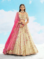 Thumbnail for Monjolika Fashion Cream & Pink Silk Wedding Lehenga Choli with Embroidery & Stone Work