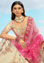 Thumbnail for Monjolika Fashion Cream & Pink Silk Wedding Lehenga Choli with Embroidery & Stone Work