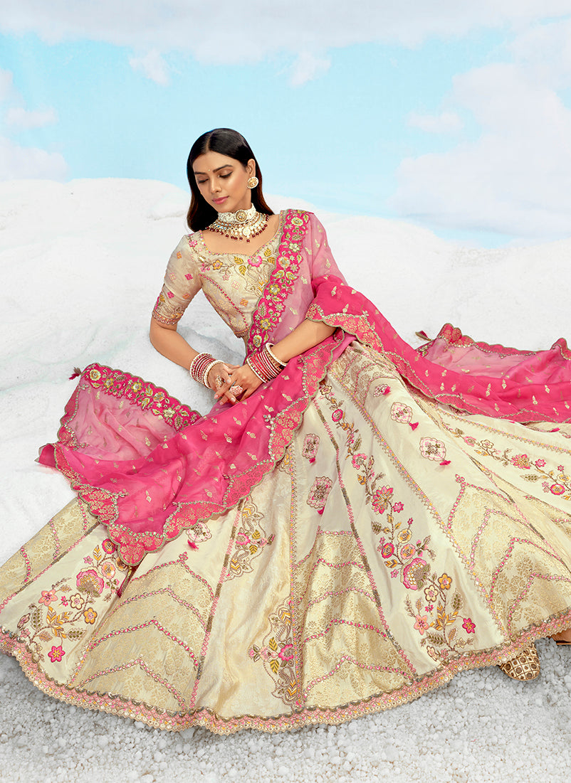 Monjolika Fashion Cream & Pink Silk Wedding Lehenga Choli with Embroidery & Stone Work