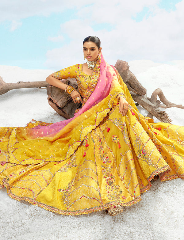Monjolika Fashion Embroidered Sequins Yellow Silk Designer Long Lehenga Choli