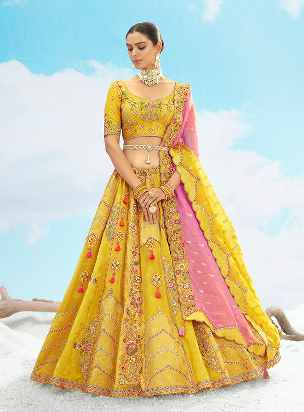 Monjolika Fashion Embroidered Sequins Yellow Silk Designer Long Lehenga Choli