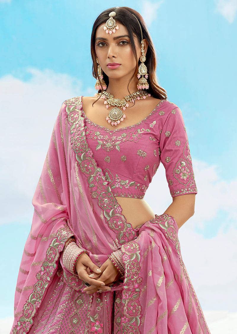 Monjolika Fashion Embroidered Onion Pink Silk Reception Lehenga Choli
