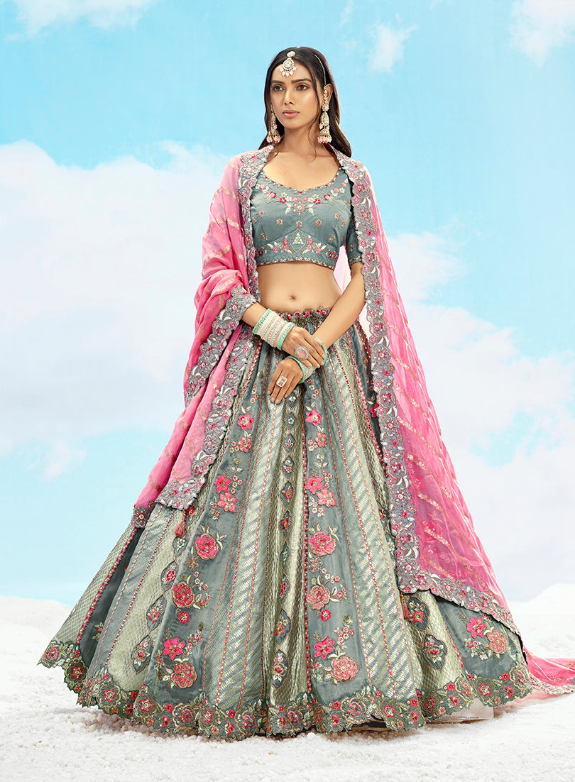 Monjolika Fashion Grey Embroidered Silk Engagement A Line Lehenga Choli