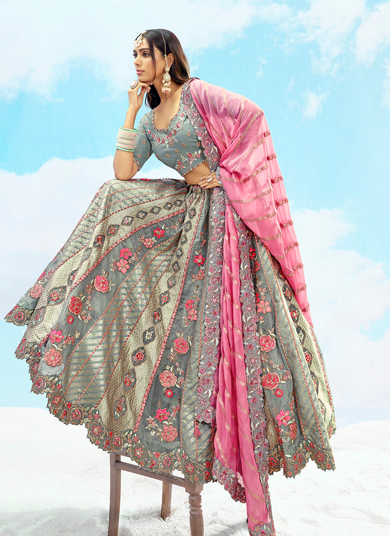 Monjolika Fashion Grey Embroidered Silk Engagement A Line Lehenga Choli