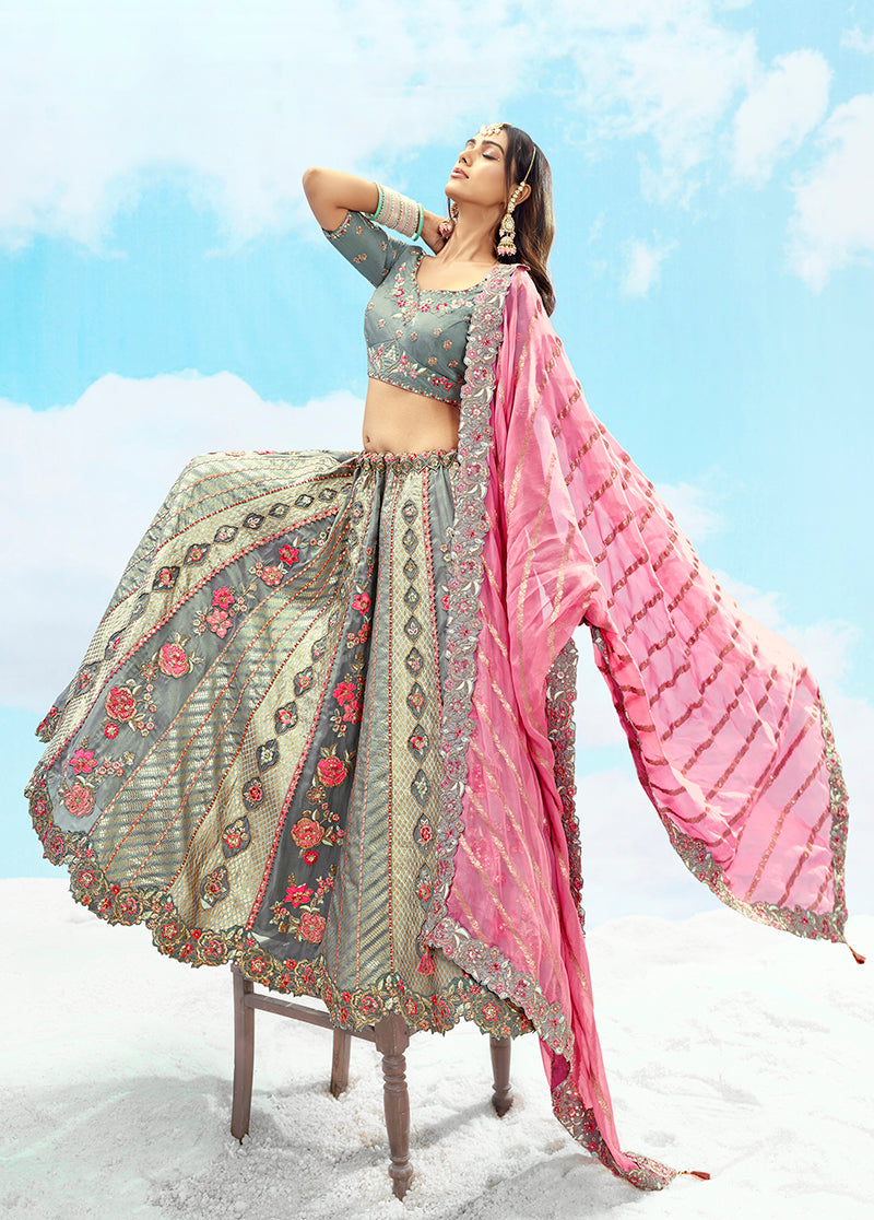 Monjolika Fashion Grey Embroidered Silk Engagement A Line Lehenga Choli