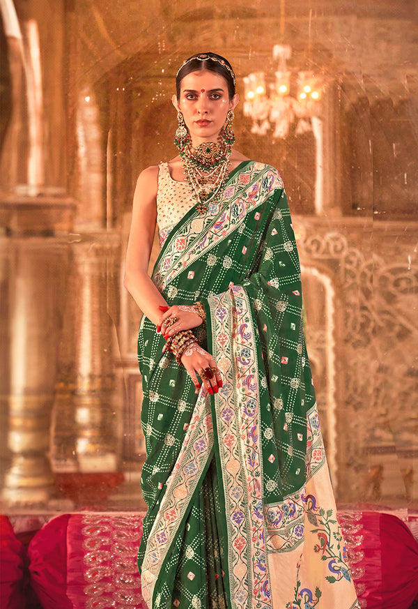 Monjolika Fashion Green Bandhej Print Silk Blend Ceremonial Contemporary Saree