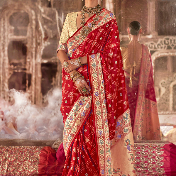 Monjolika Fashion Red Bandhej Print Silk Blend Ceremonial Contemporary Saree