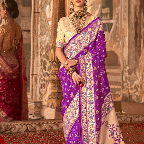 Monjolika Fashion Dark Violet Bandhej Print Silk Blend Ceremonial Contemporary Saree