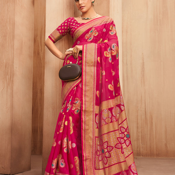 Monjolika Fashion Georgette Traditional Saree with Woven Work for Festival in Rani Pink