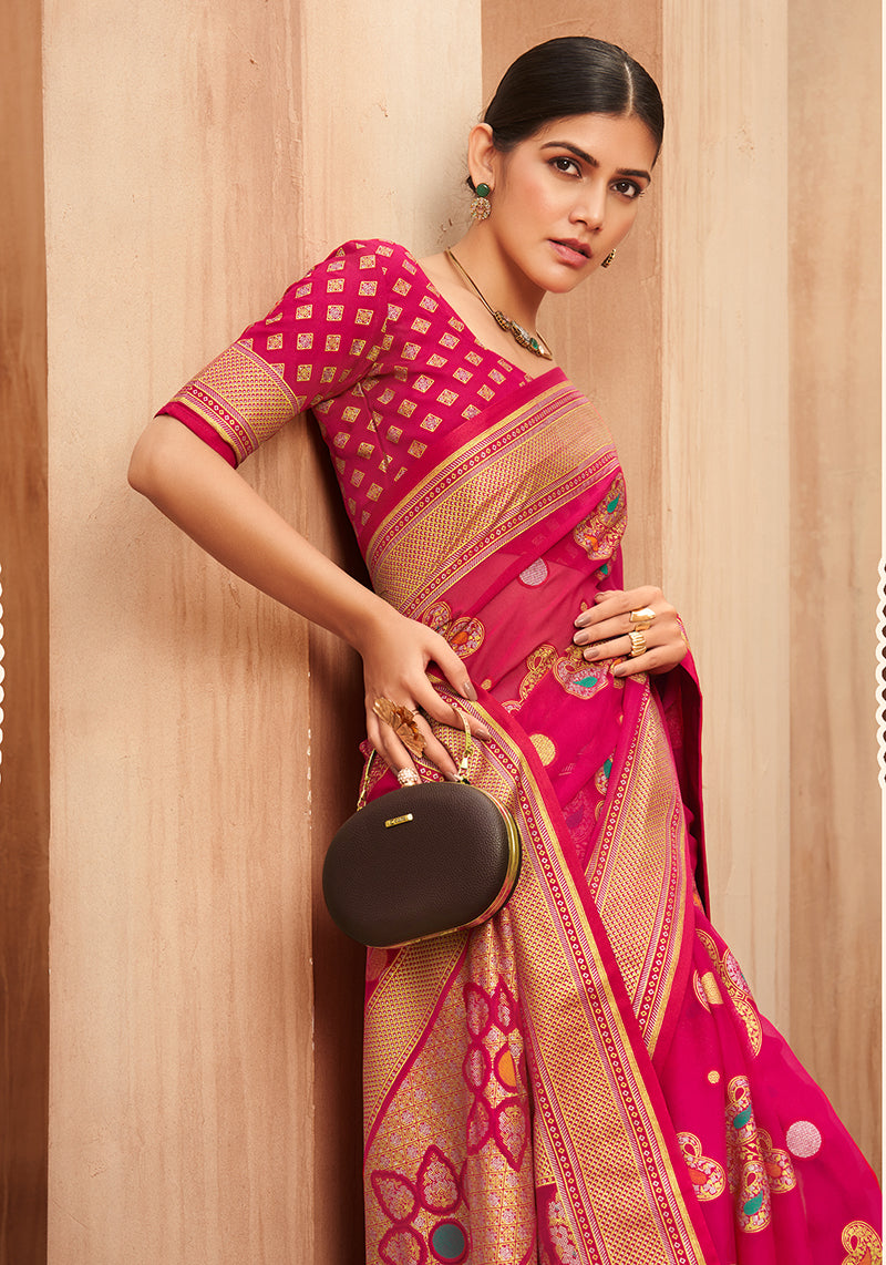 Monjolika Fashion Georgette Traditional Saree with Woven Work for Festival in Rani Pink