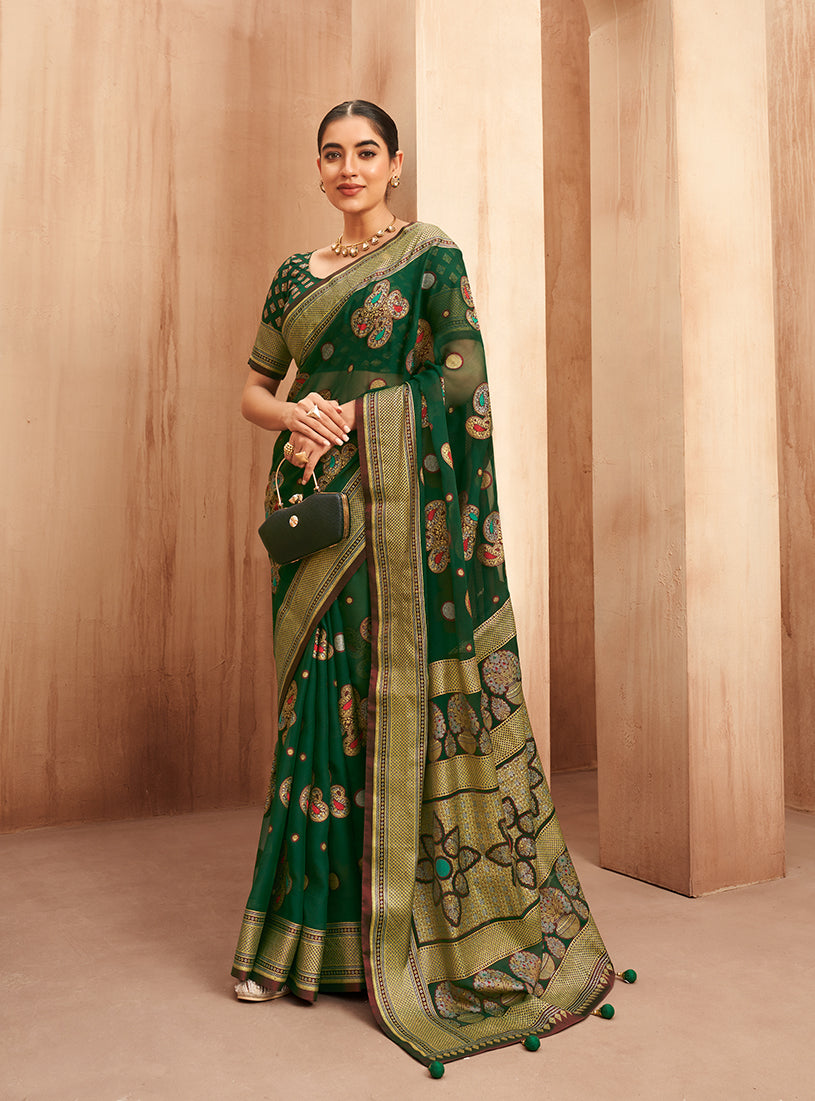 Monjolika Fashion Georgette Traditional Saree with Woven Work for Festival in Green