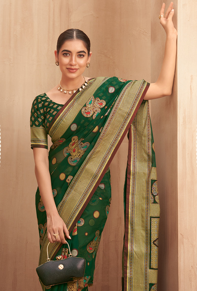 Monjolika Fashion Georgette Traditional Saree with Woven Work for Festival in Green