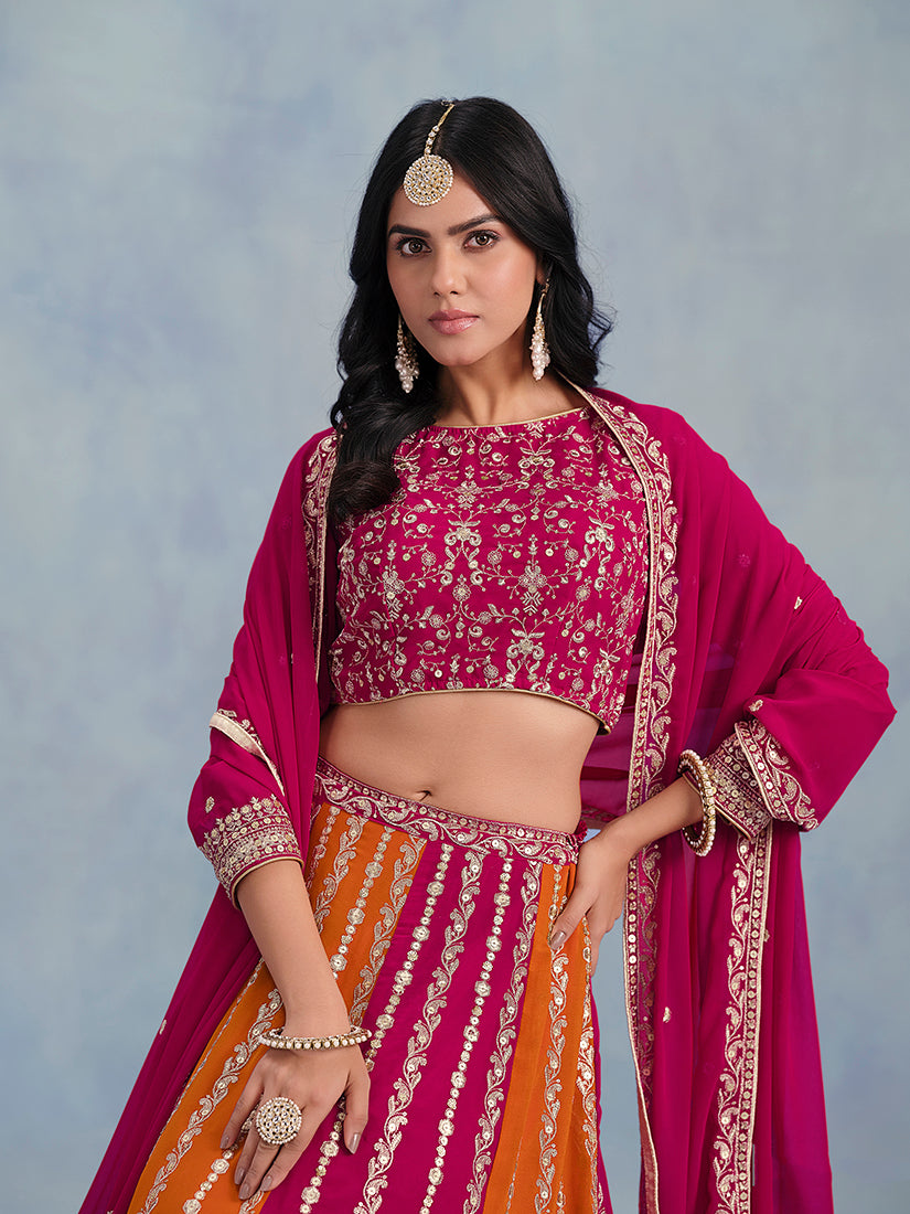 Monjolika Fashion Rani Pink Embroidered Faux Georgette Lehenga Choli