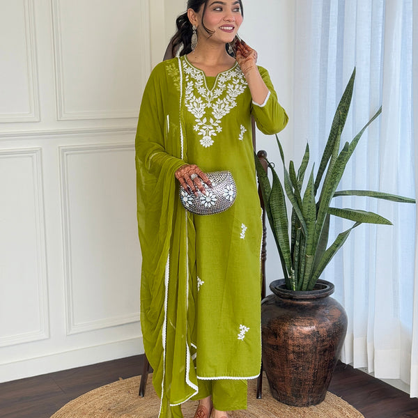 The52 Gorgeous Chikankari Work with Pure Cotton Fabric Straight Kurta, Pant and Dupatta Set - Distacart