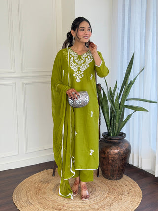 The52 Gorgeous Chikankari Work with Pure Cotton Fabric Straight Kurta, Pant and Dupatta Set