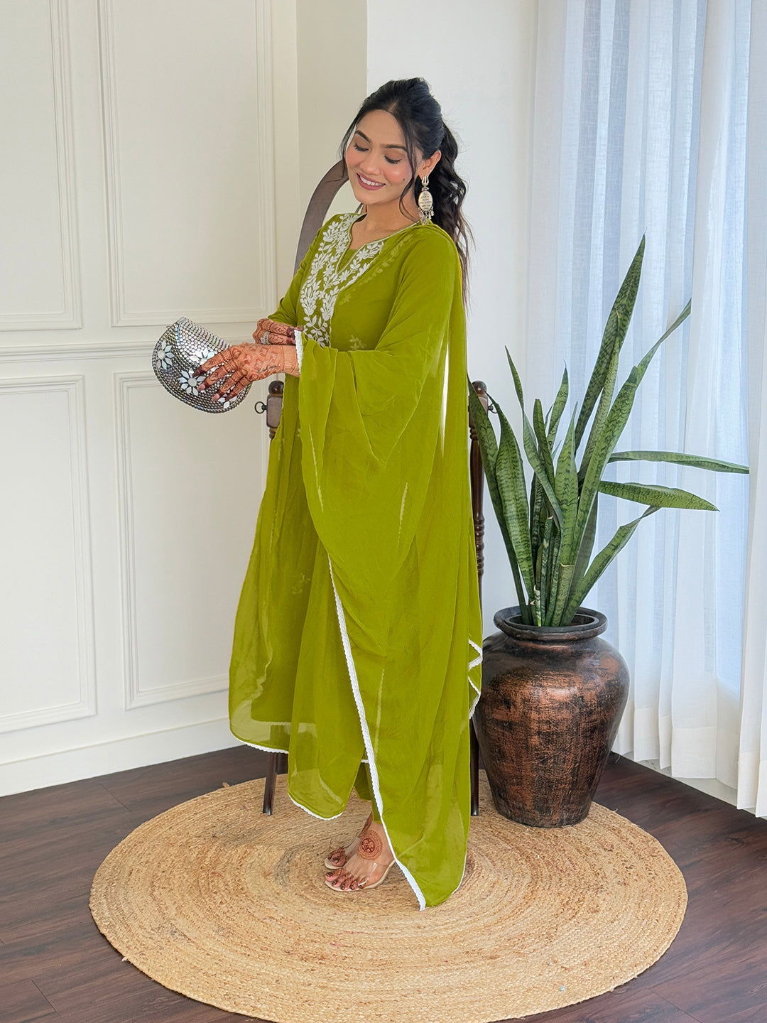 The52 Gorgeous Chikankari Work with Pure Cotton Fabric Straight Kurta, Pant and Dupatta Set