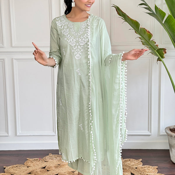 The52 Gorgeous Chikankari Work with Pure Cotton Fabric Straight Kurta, Pant and Dupatta Set