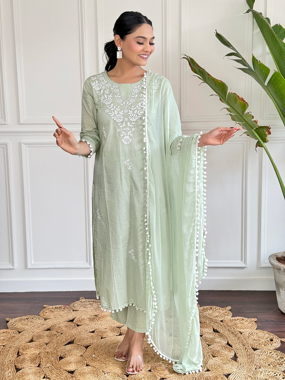 The52 Gorgeous Chikankari Work with Pure Cotton Fabric Straight Kurta, Pant and Dupatta Set - Distacart