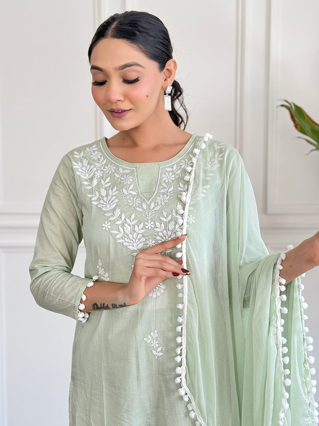 The52 Gorgeous Chikankari Work with Pure Cotton Fabric Straight Kurta, Pant and Dupatta Set