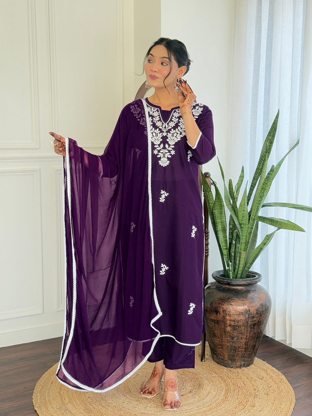 The52 Gorgeous Chikankari Work with Pure Cotton Fabric Straight Kurta, Pant and Dupatta Set