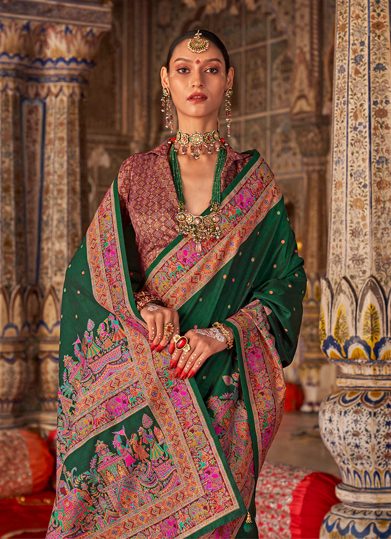 Monjolika Fashion Dark Green Printed Silk Blend Embellished Saree