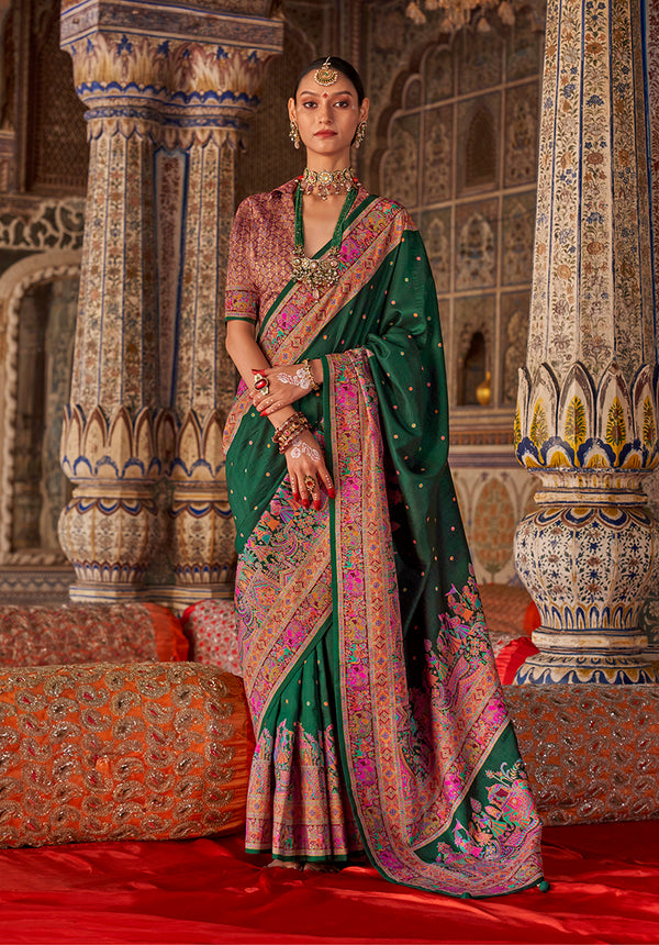 Monjolika Fashion Dark Green Printed Silk Blend Embellished Saree