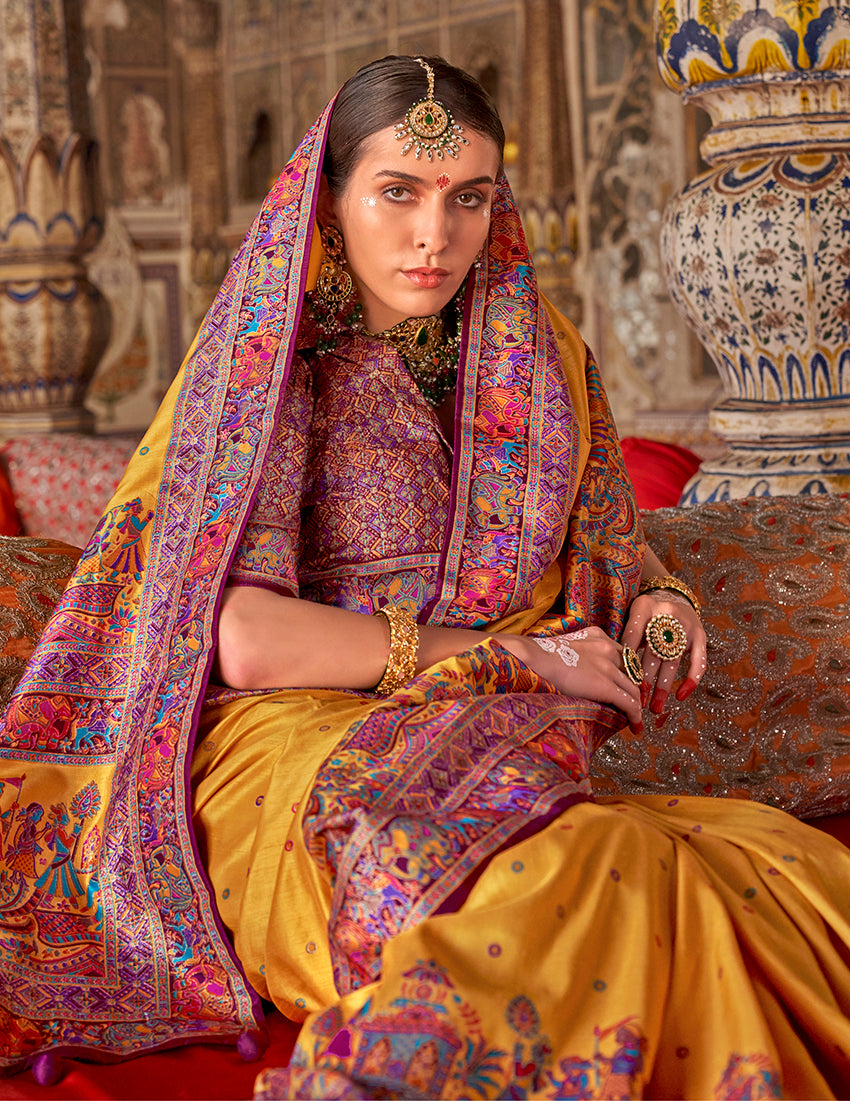 Monjolika Fashion Mustard Printed Silk Blend Embellished Saree