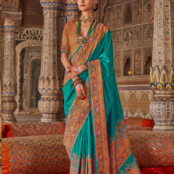 Monjolika Fashion Turquoise Printed Silk Blend Embellished Saree