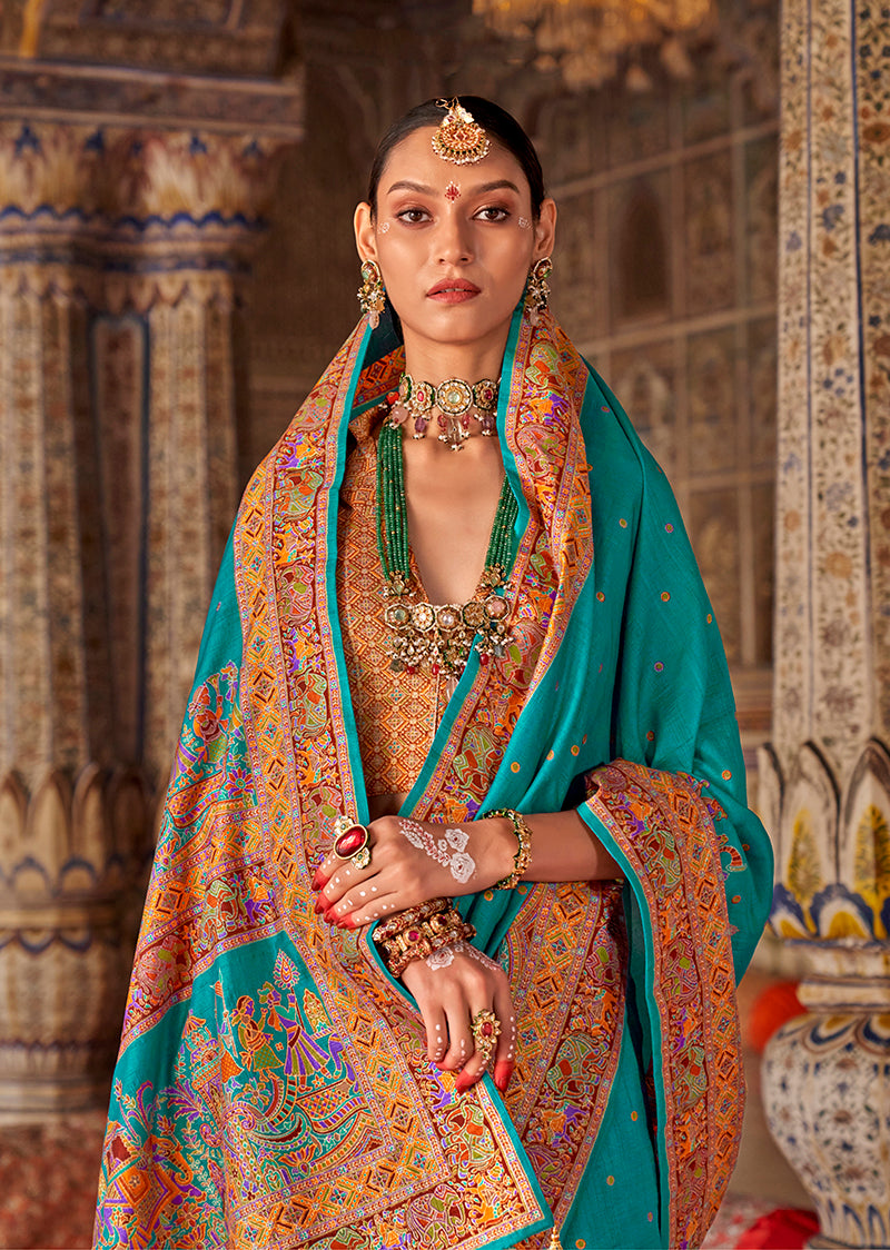 Monjolika Fashion Turquoise Printed Silk Blend Embellished Saree