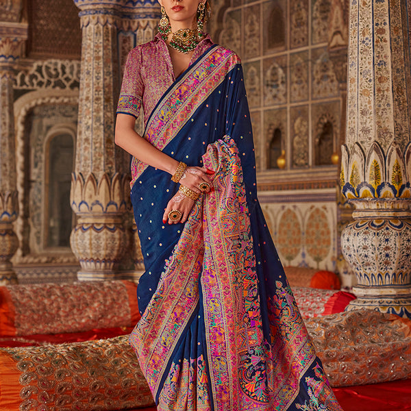 Monjolika Fashion Navy Blue Printed Silk Blend Embellished Saree