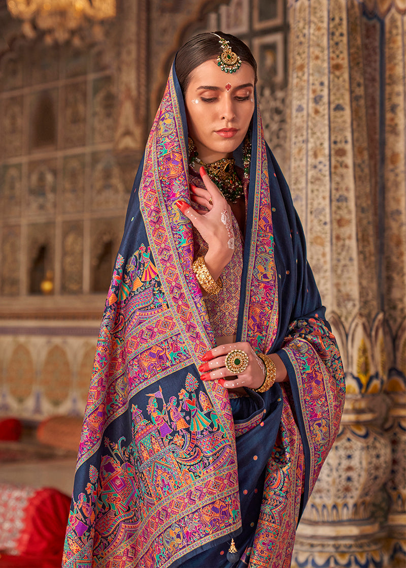 Monjolika Fashion Navy Blue Printed Silk Blend Embellished Saree
