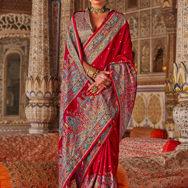 Monjolika Fashion Crimson Red Printed Silk Blend Embellished Saree