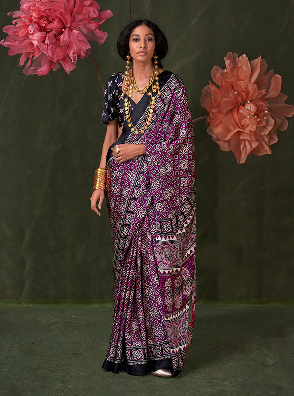 Monjolika Fashion Purple Satin Crepe Printed Contemporary Saree