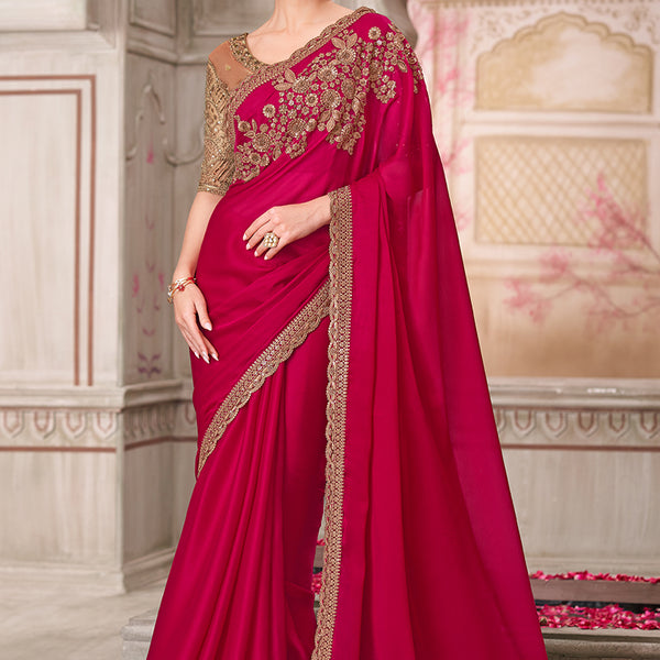 Monjolika Fashion Rani Pink Embroidered Sequins Satin Silk Classic Saree