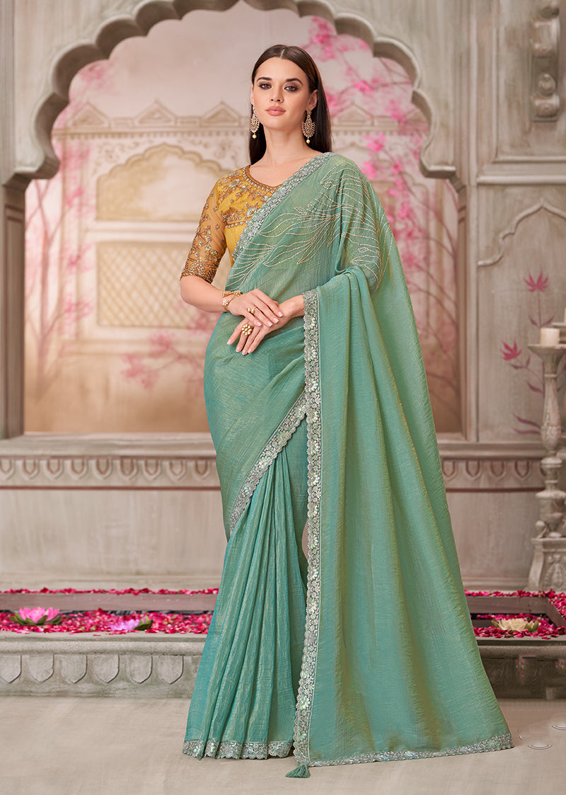 Monjolika Fashion Sea Green Embroidered Sequins And Stone Work Satin Silk Contemporary Saree