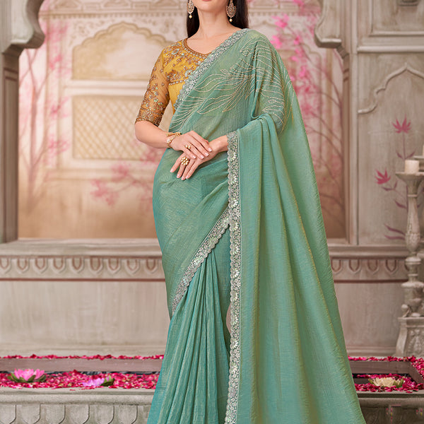 Monjolika Fashion Sea Green Embroidered Sequins And Stone Work Satin Silk Contemporary Saree