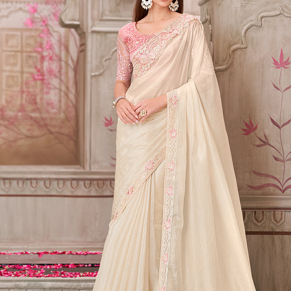 Monjolika Fashion Embroidered Satin Silk Off White Designer Saree