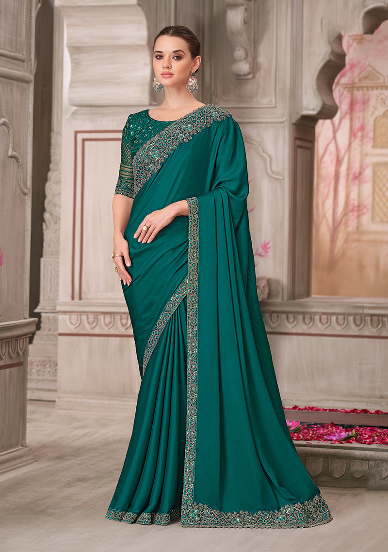 Monjolika Fashion Teal Green Satin Silk Embroidered Sequins Traditional Saree