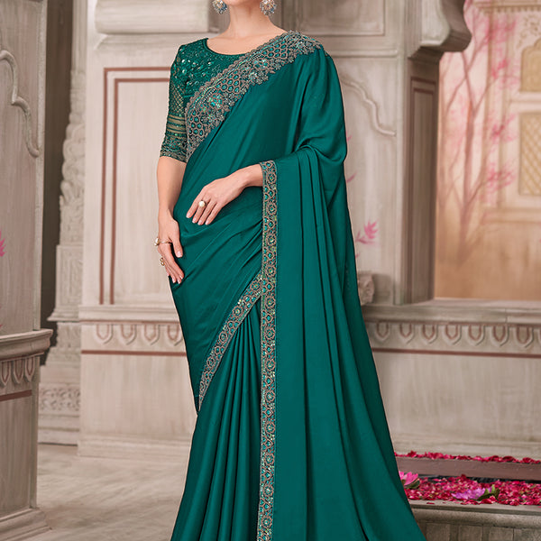 Monjolika Fashion Teal Green Satin Silk Embroidered Sequins Traditional Saree