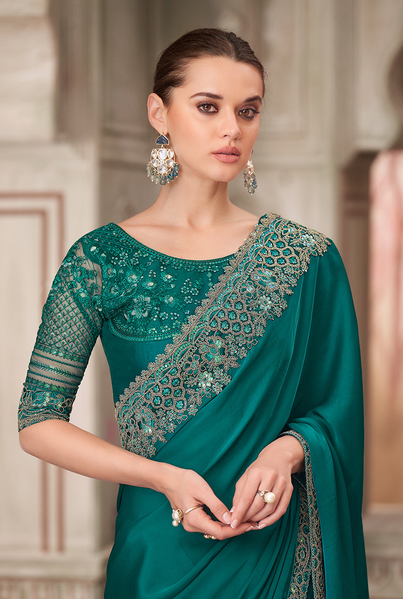 Monjolika Fashion Teal Green Satin Silk Embroidered Sequins Traditional Saree