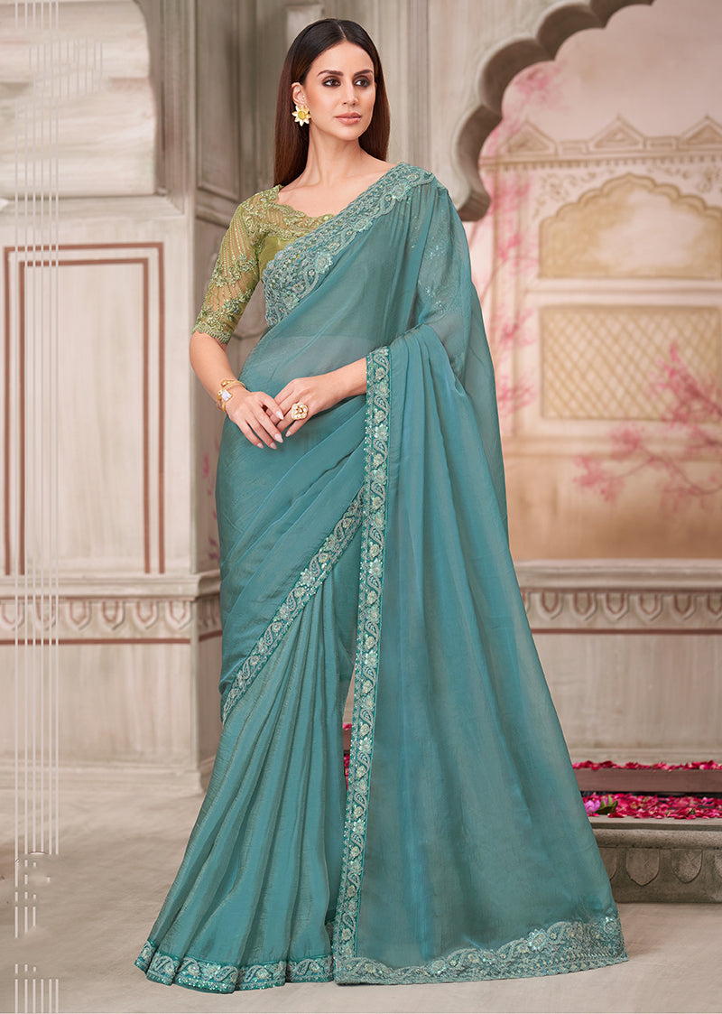 Monjolika Fashion Aqua Blue Embroidered Georgette Silk Party Wear Contemporary Saree
