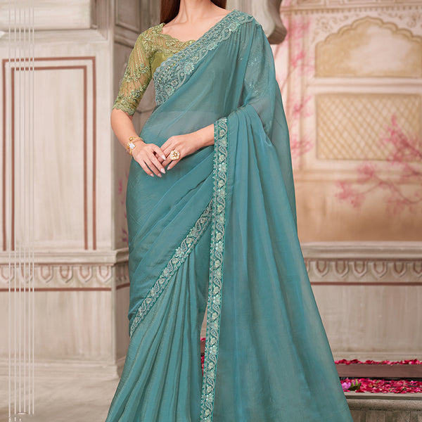 Monjolika Fashion Aqua Blue Embroidered Georgette Silk Party Wear Contemporary Saree