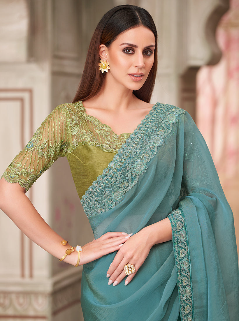 Monjolika Fashion Aqua Blue Embroidered Georgette Silk Party Wear Contemporary Saree