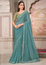 Thumbnail for Monjolika Fashion Aqua Blue Embroidered Georgette Silk Party Wear Contemporary Saree