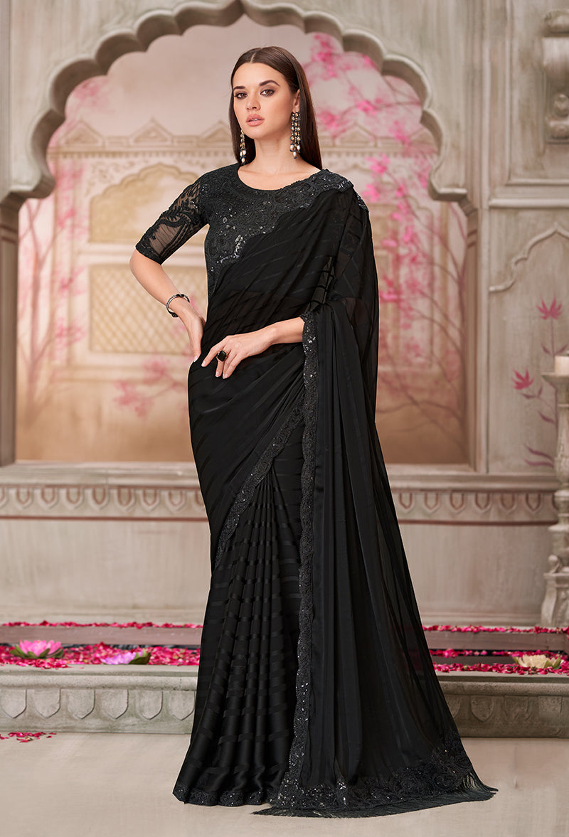 Monjolika Fashion Black Sequins Georgette Engagement Trendy Saree